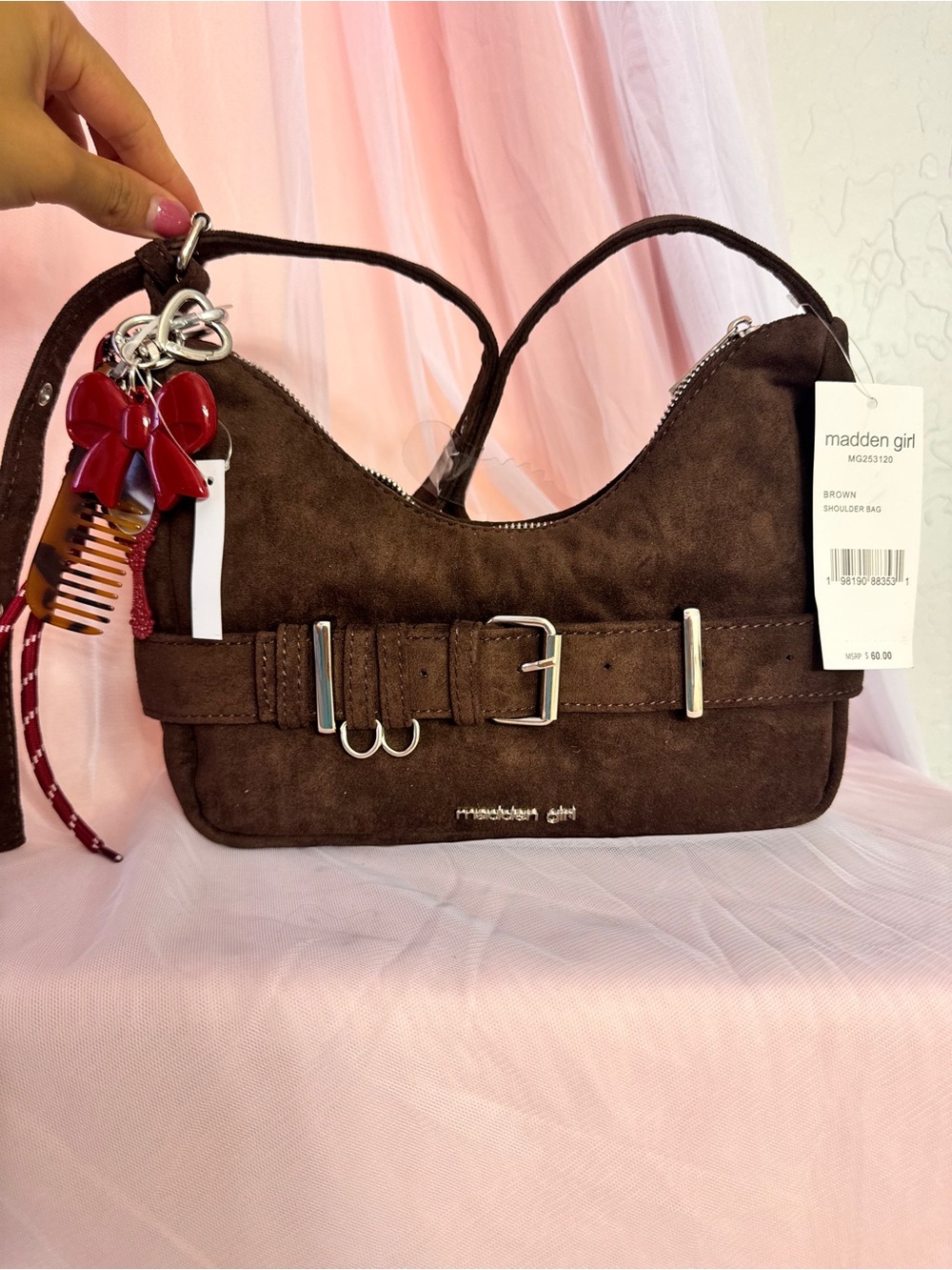 👜NWT Madden Girl Brown Solid Shoulder Bag keyling set